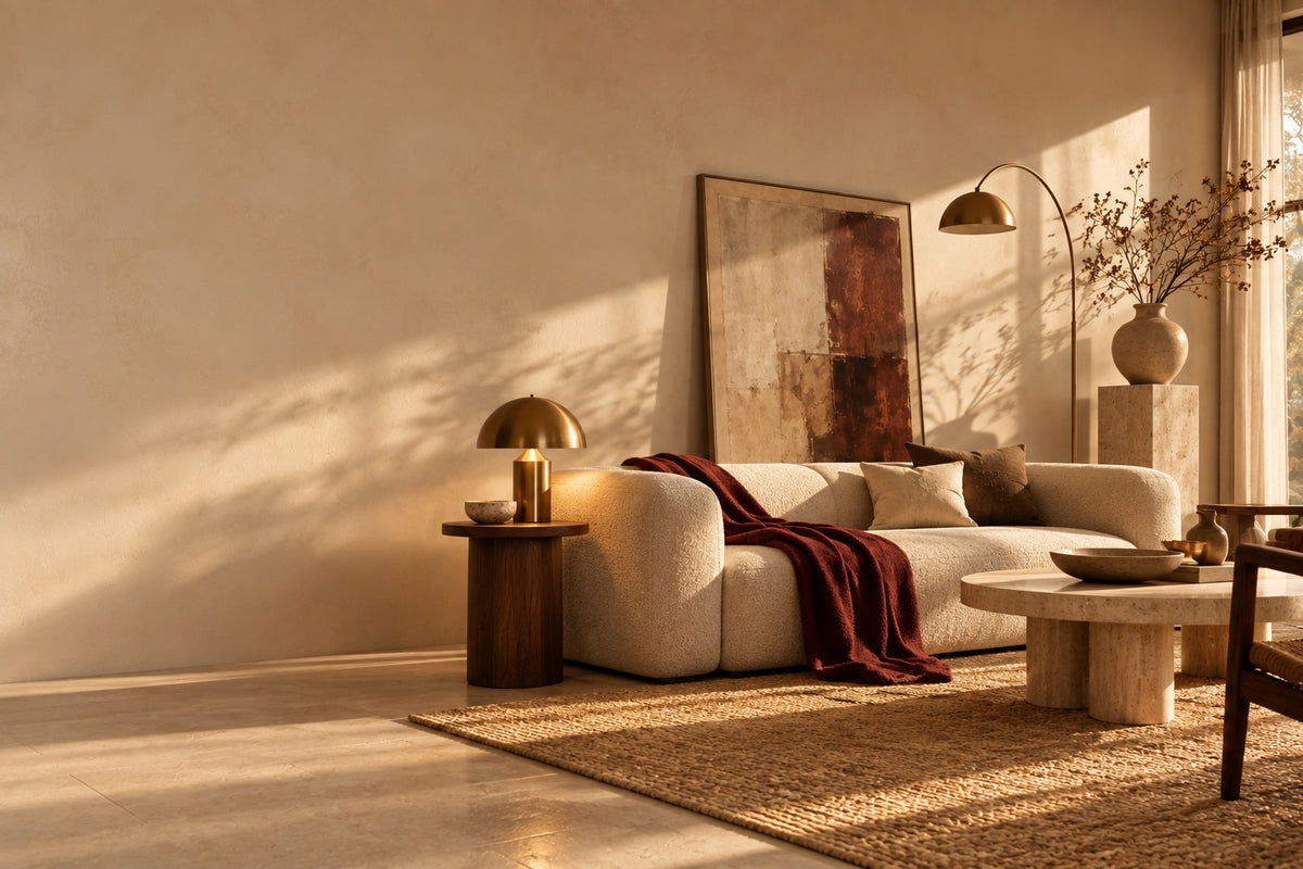 A calm living room with a cream sofa, oxblood throw, brass dome lamp and arched floor lamp in warm light