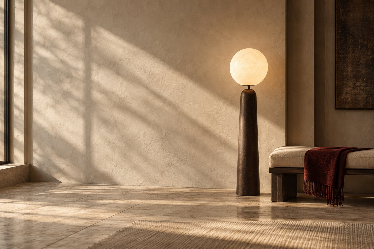 A globe floor lamp and a bench in warm afternoon light