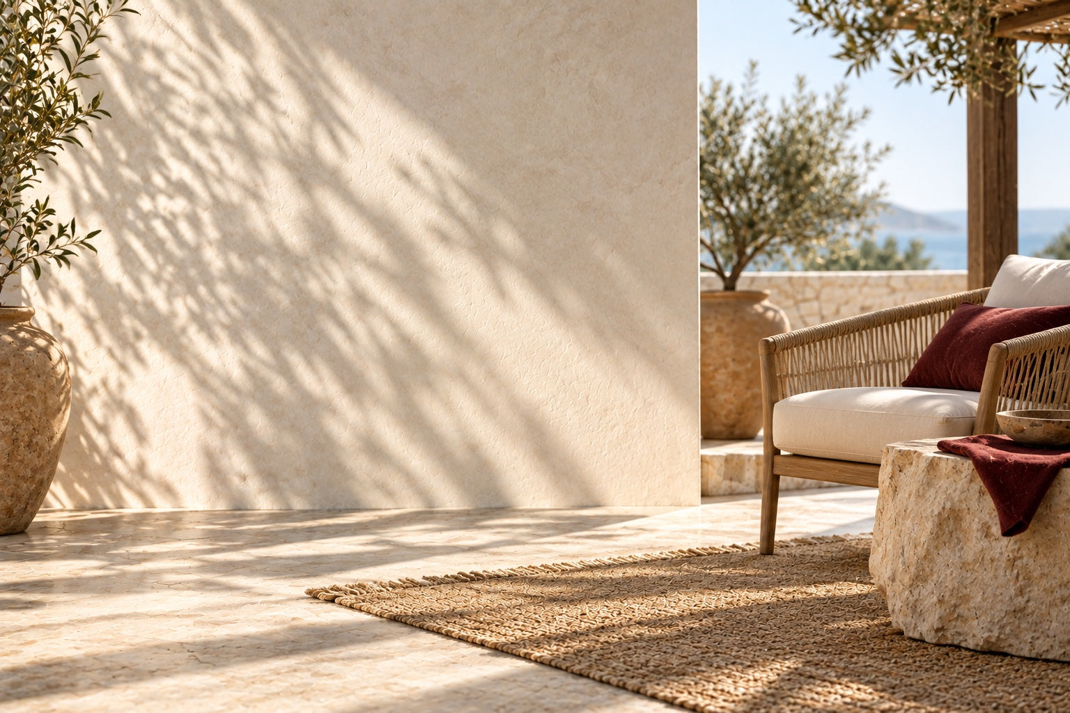 A sun-washed terrace with woven textures and natural stone