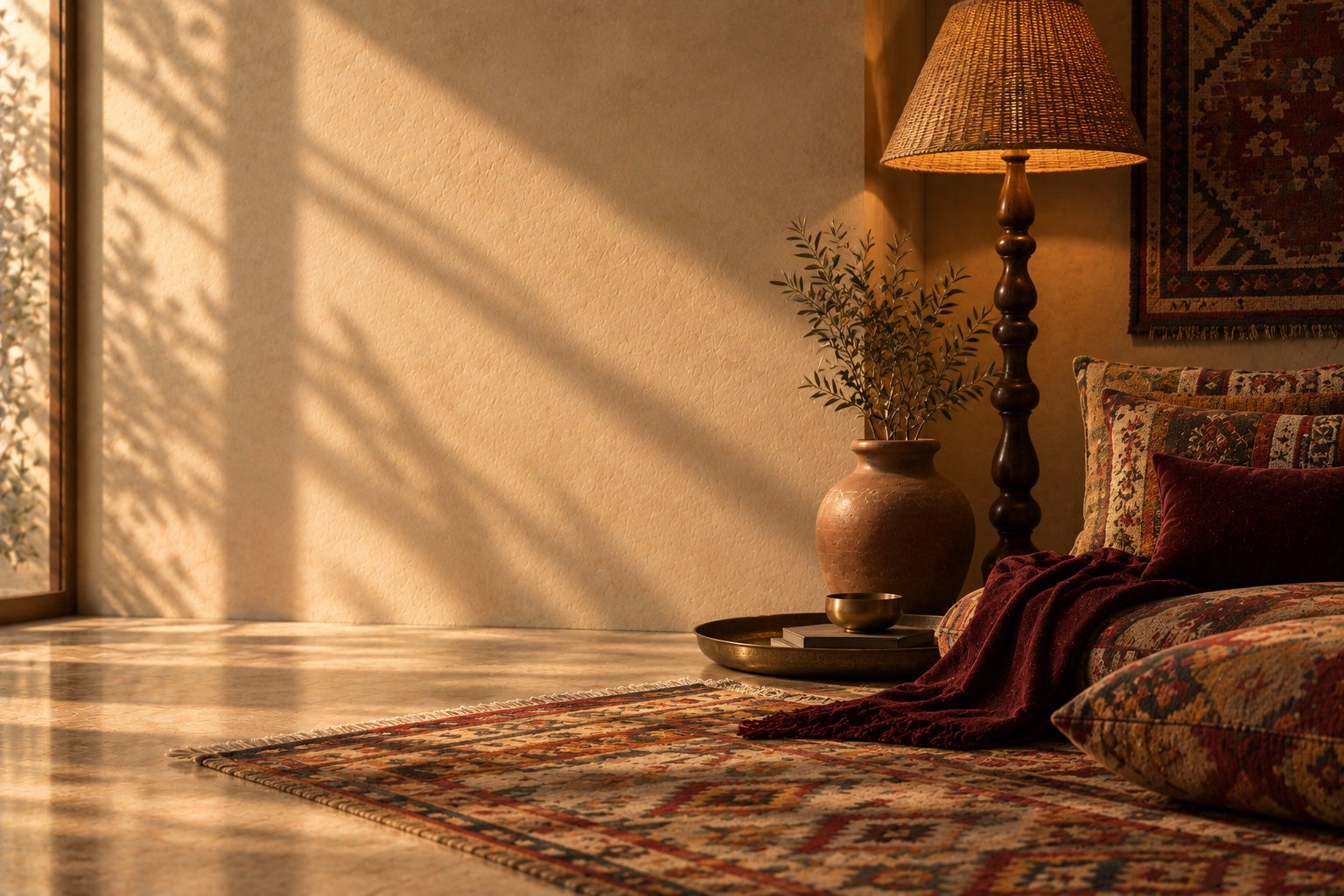 A warm, pattern-rich room of artisanal pieces