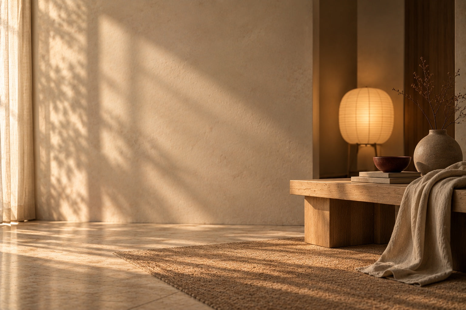 A calm Japandi corner with a paper lamp, oak bench and linen