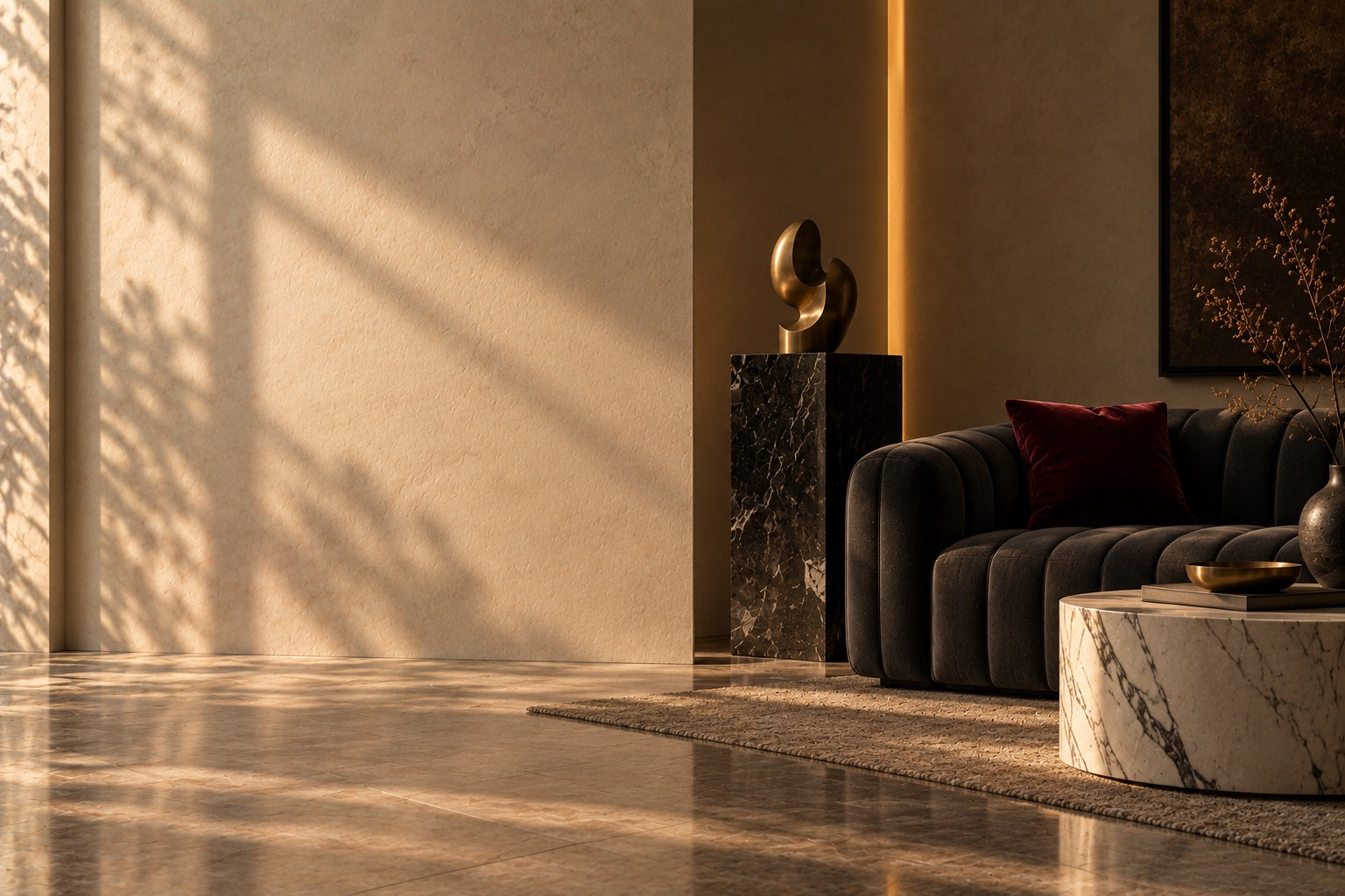 A monochrome room of black, brass and marble